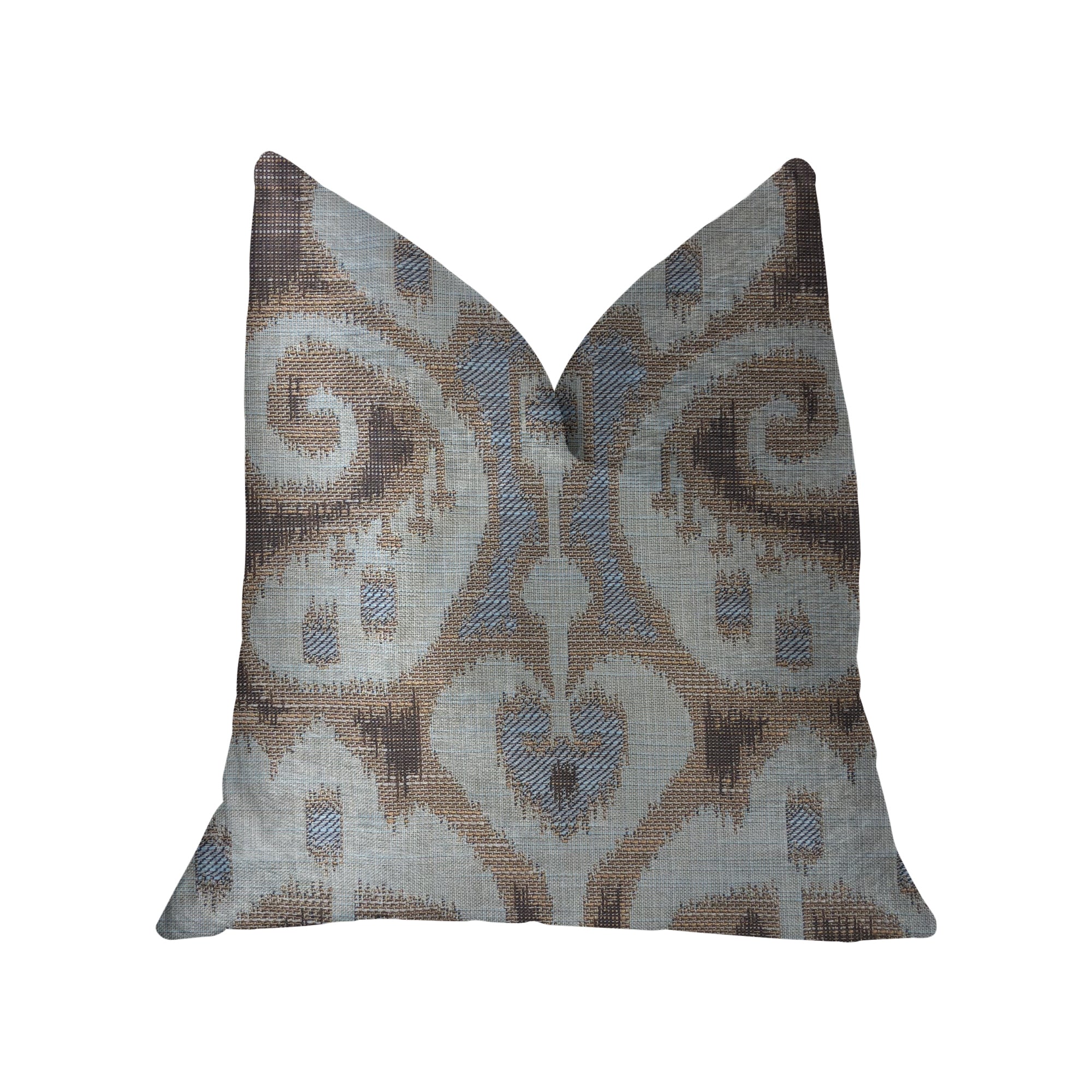 Paragon luxury throw pillow in brown, blue, and beige with ikat pattern, featuring a double-sided design and invisible zipper closure.