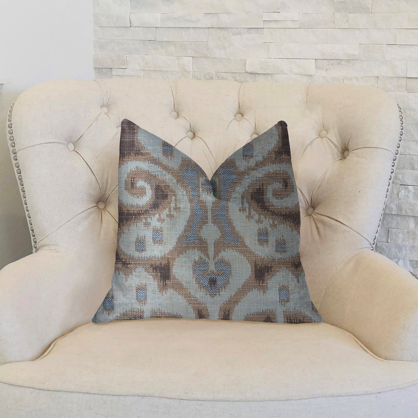 Paragon luxury throw pillow in brown, blue, and beige with ikat pattern, featuring a double-sided design and invisible zipper closure.