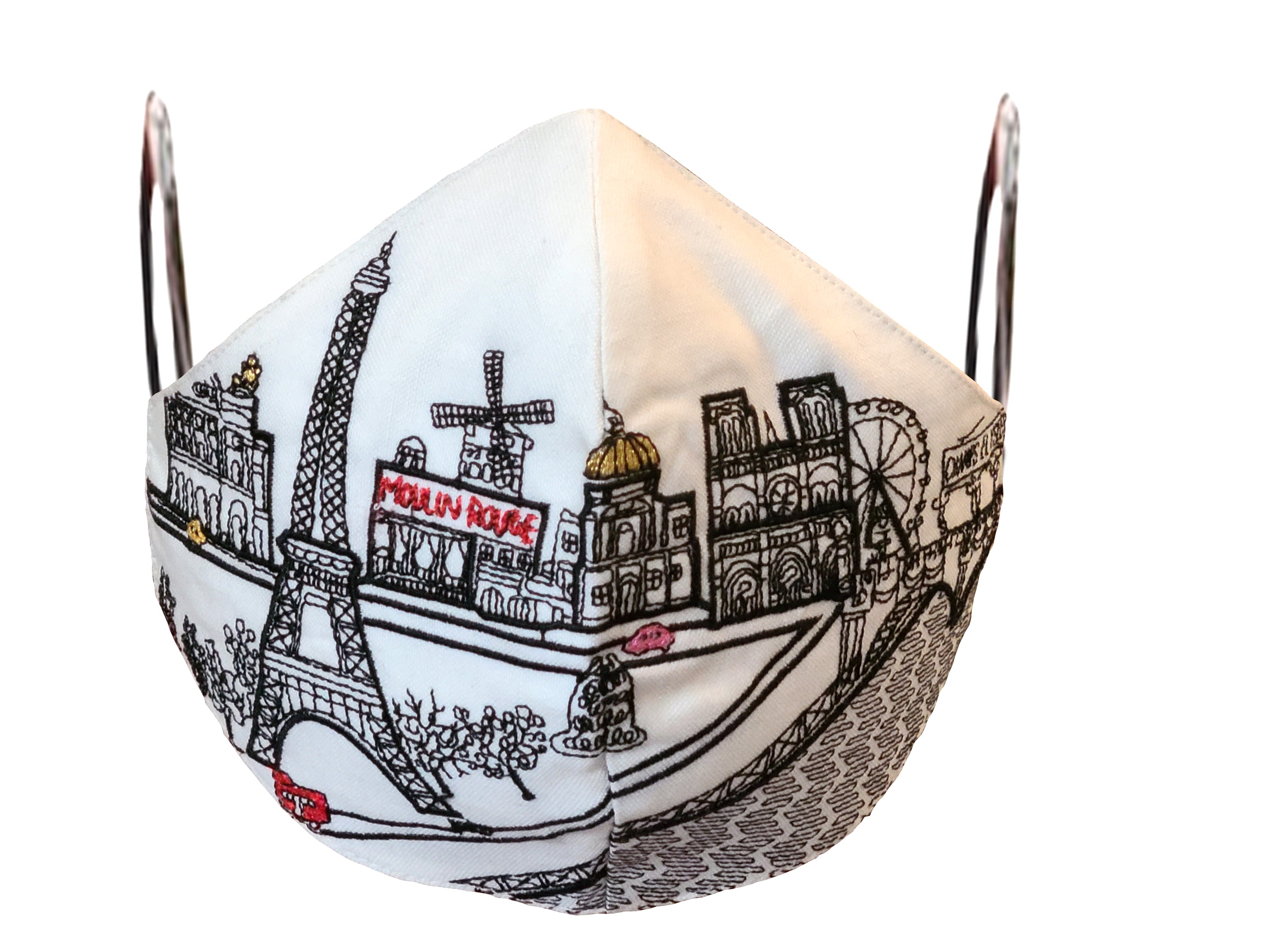 Paris skyline embroidered face mask made from linen and cotton with soft cotton lining and elastic loops.