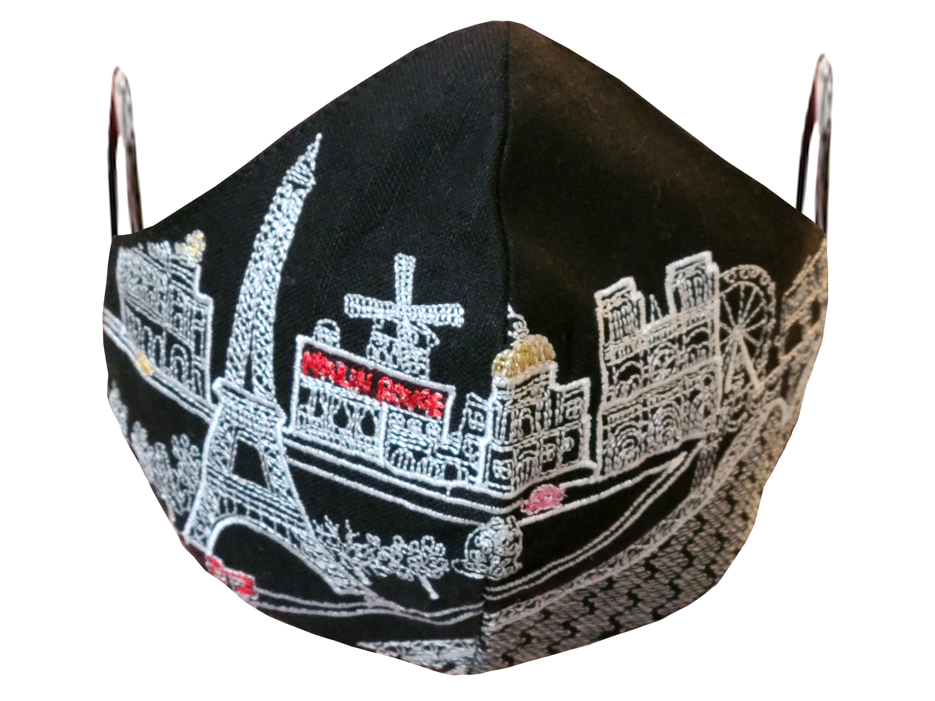 Paris skyline embroidered face mask made from linen and cotton with soft cotton lining and elastic loops.