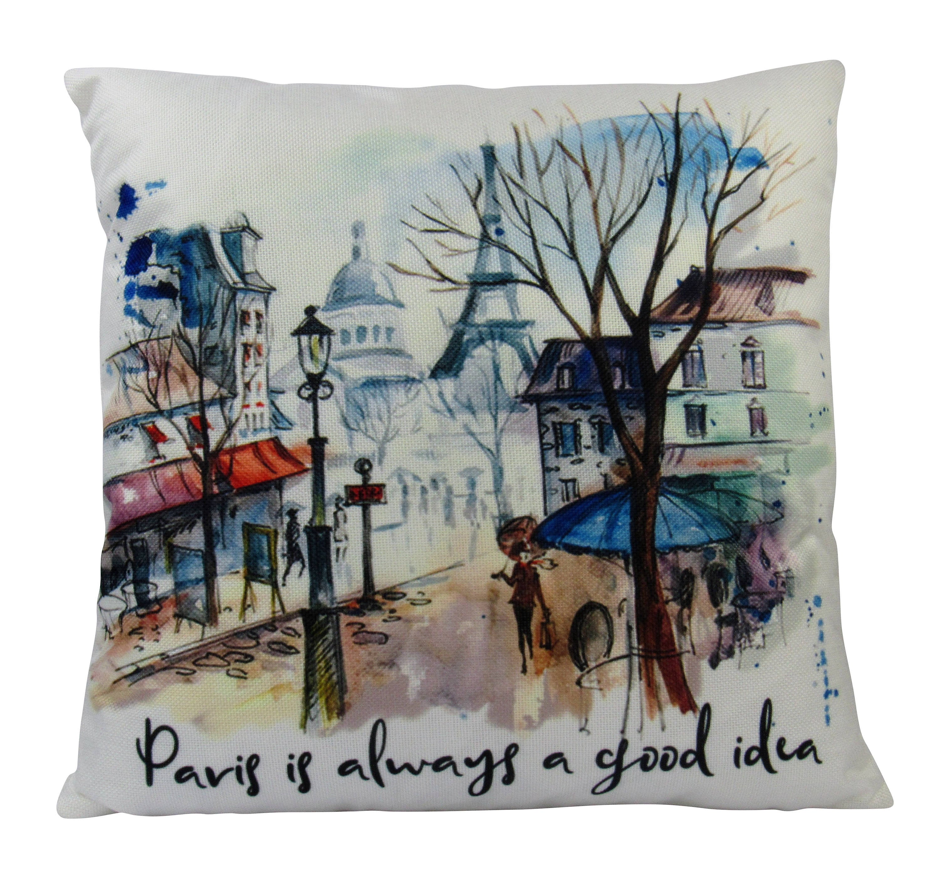 Audrey Hepburn pillow cover featuring a watercolor painting of a Paris street with the Eiffel Tower in the background.