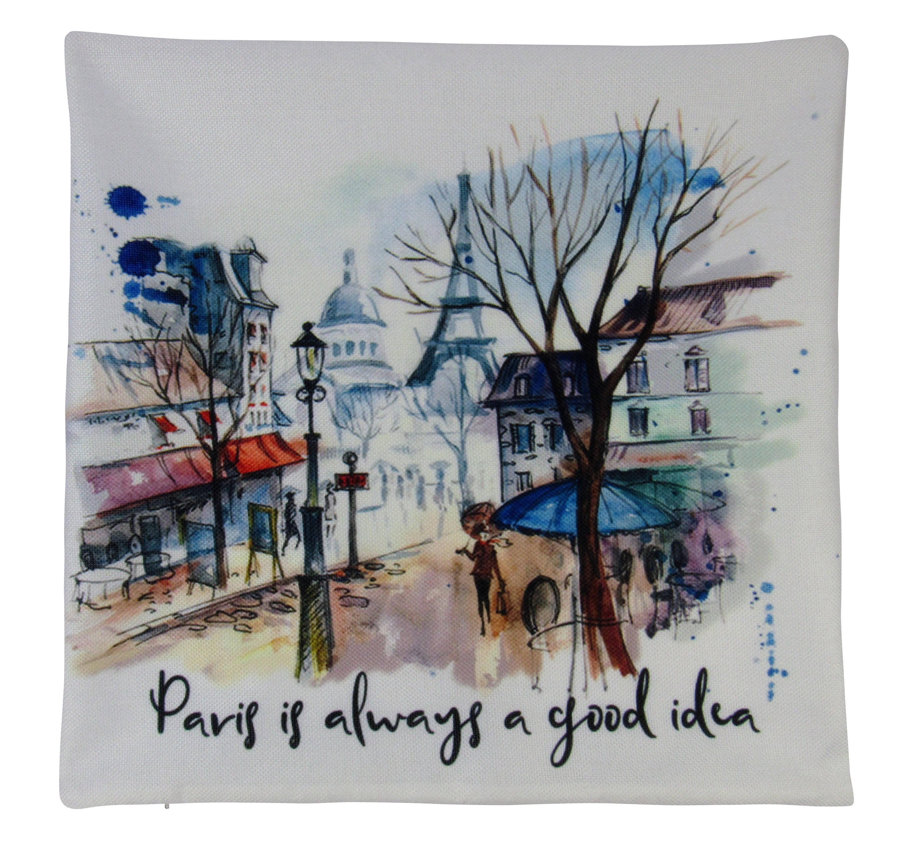 Audrey Hepburn pillow cover featuring a watercolor painting of a Paris street with the Eiffel Tower in the background.