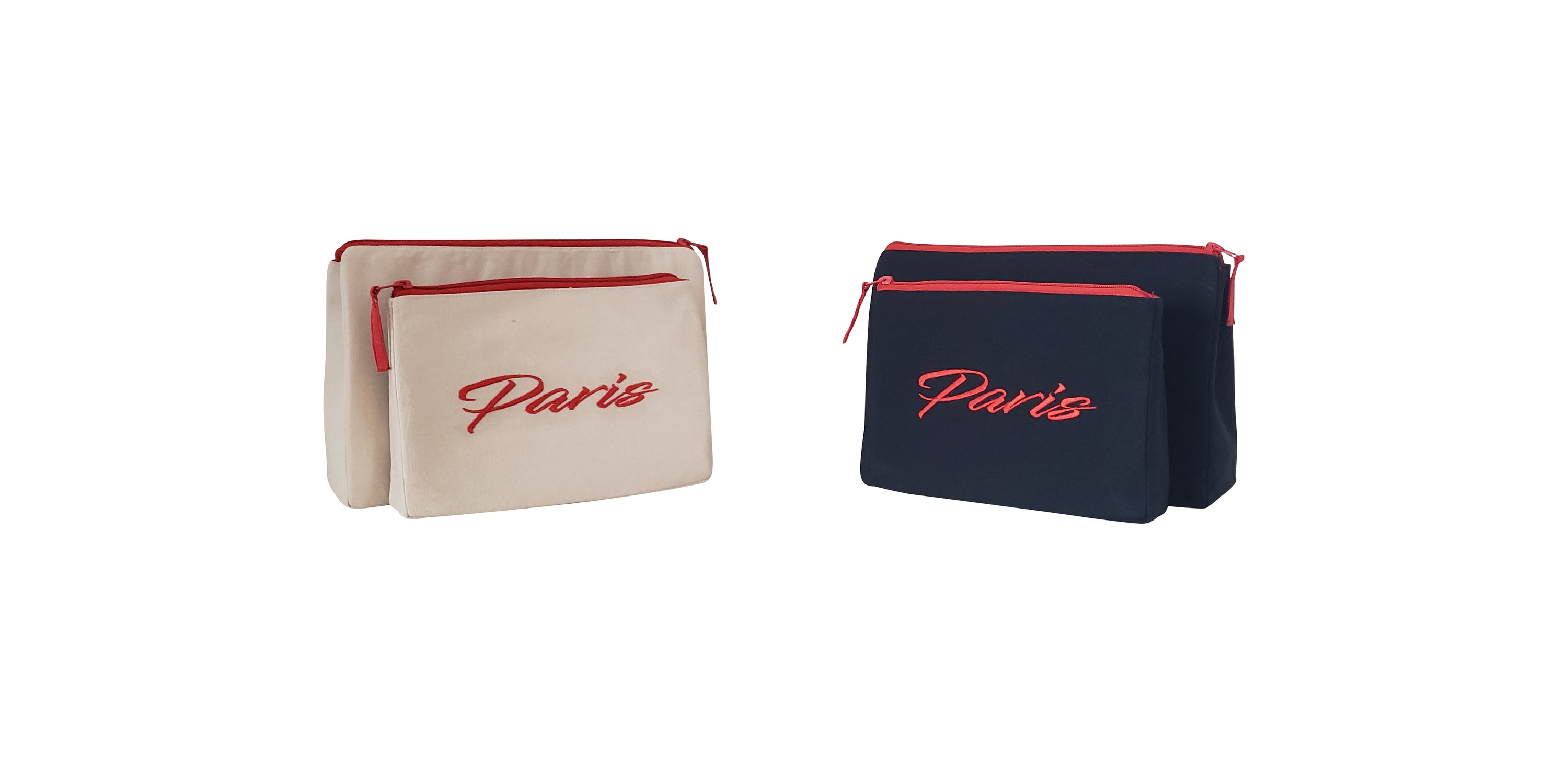 Paris Makeup Bag set featuring embroidered skyline on cream and black cotton canvas with red waterproof lining.