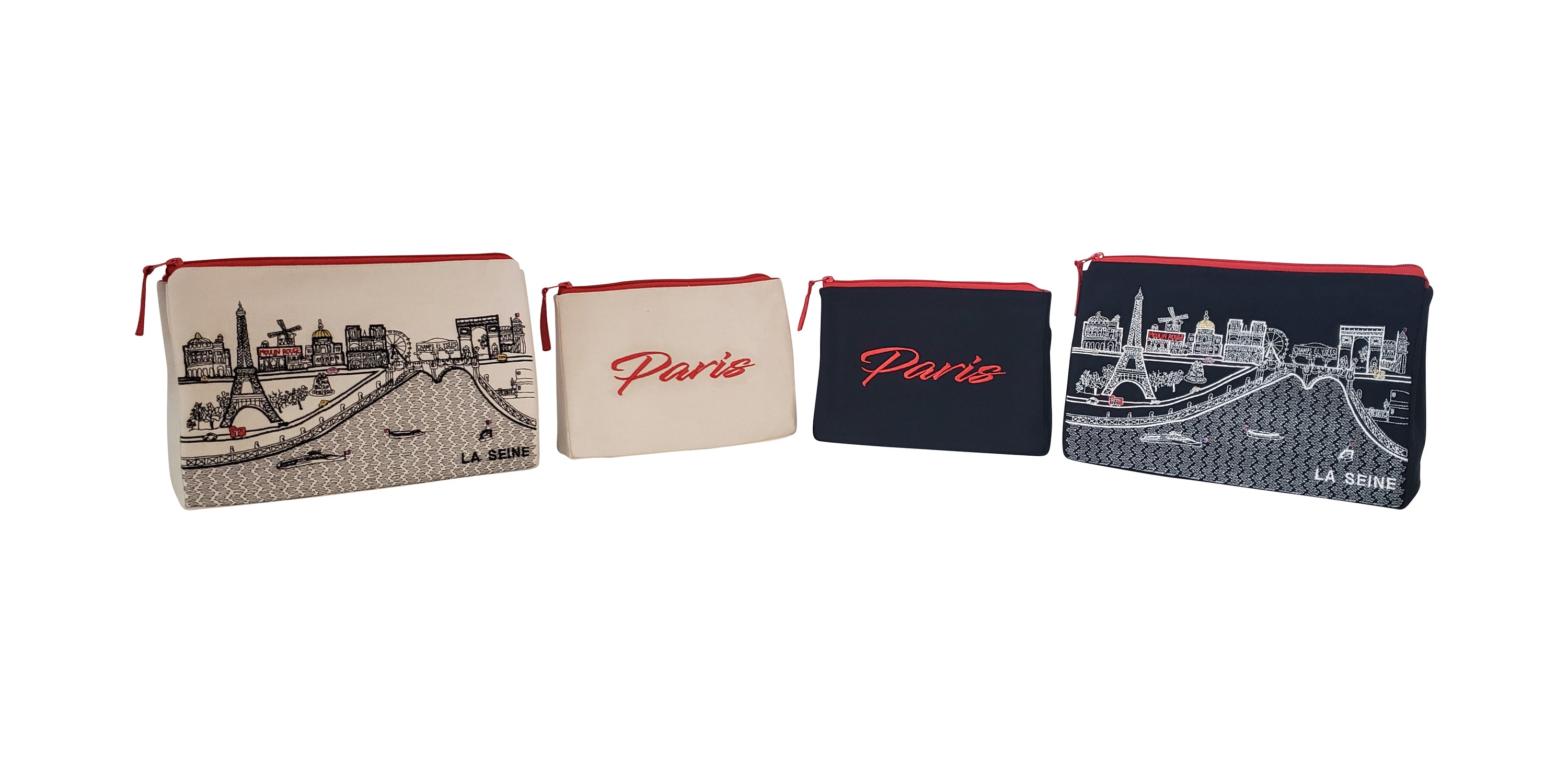 Paris Makeup Bag set featuring embroidered skyline on cream and black cotton canvas with red waterproof lining.