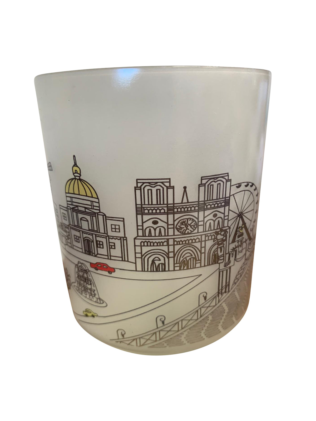 A beautifully designed glass votive featuring the Paris skyline, perfect for tealights or as a decorative item.