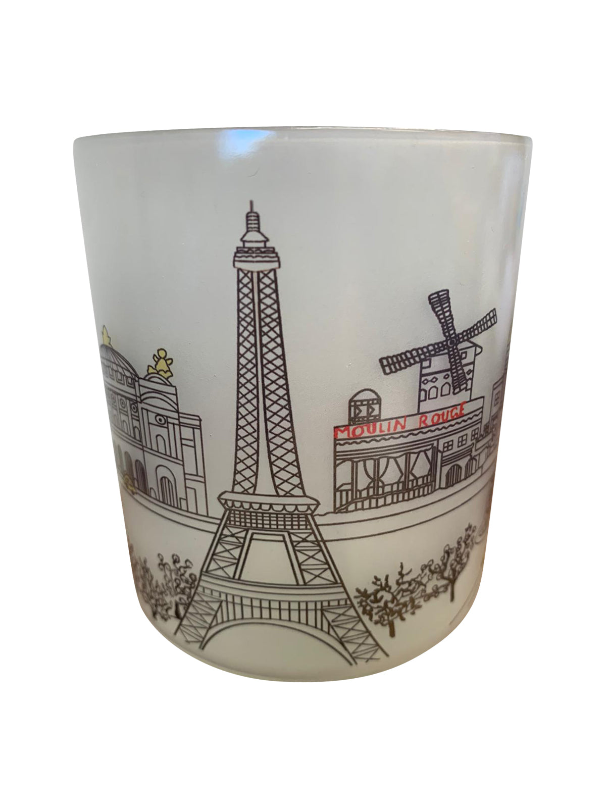 A beautifully designed glass votive featuring the Paris skyline, perfect for tealights or as a decorative item.