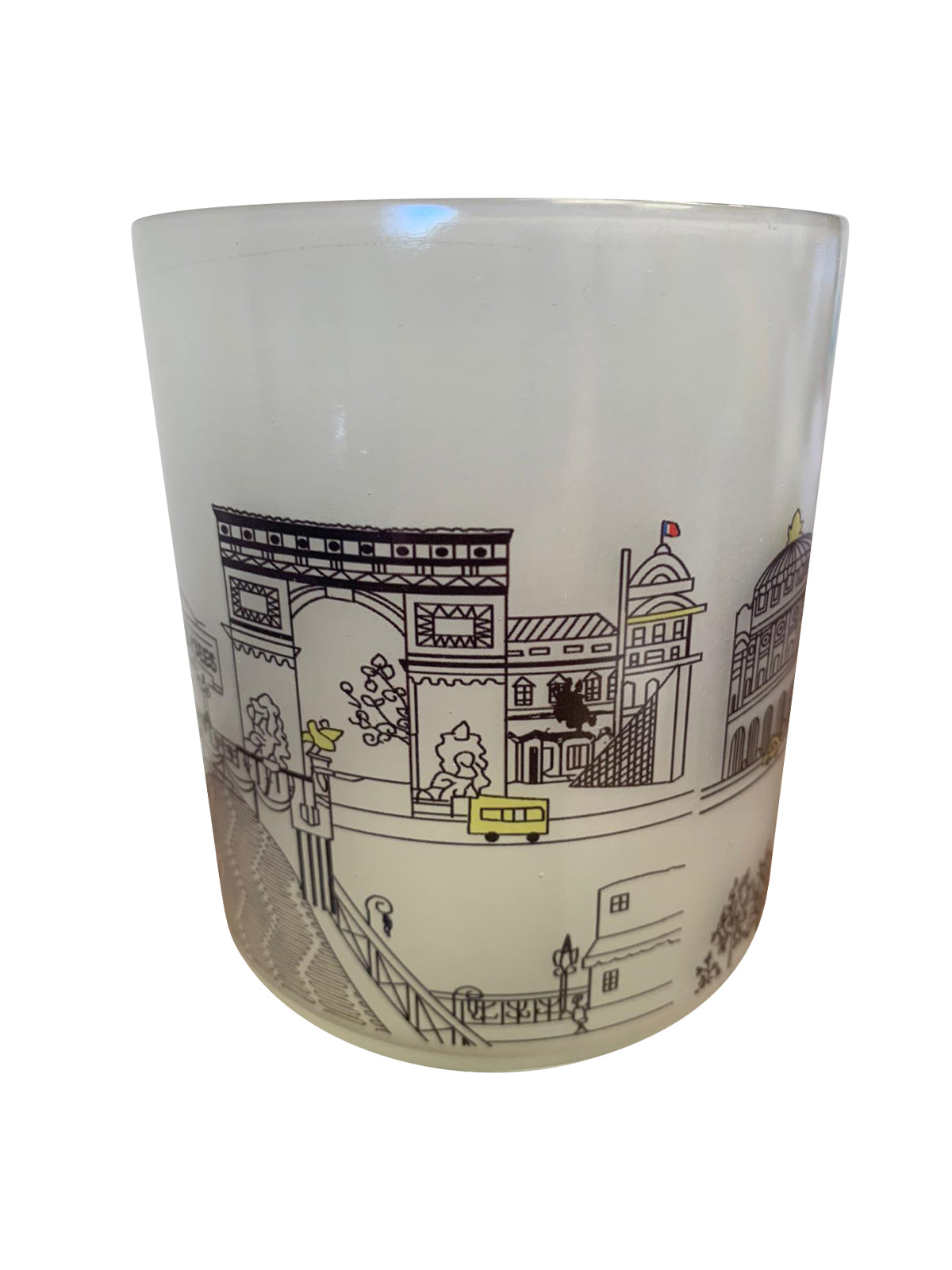 A beautifully designed glass votive featuring the Paris skyline, perfect for tealights or as a decorative item.