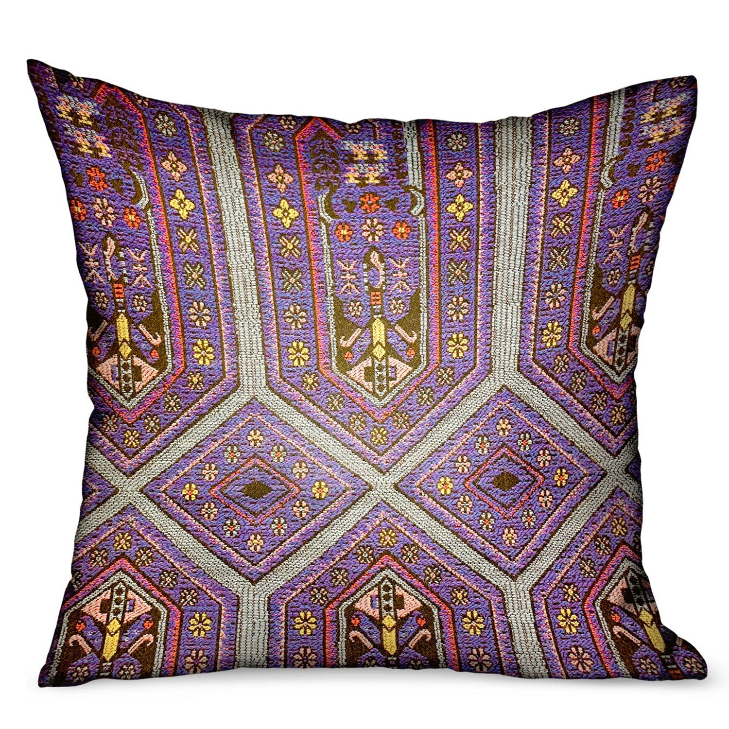 A luxurious purple geometric throw pillow designed for indoor and outdoor use, featuring a durable Sunbrella fabric and a stylish double-sided design.