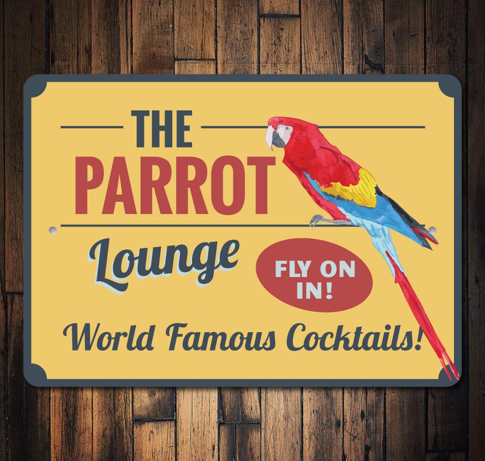 A colorful Parrot Lounge Sign made of high-quality aluminum, featuring vibrant parrot graphics and customizable text options.