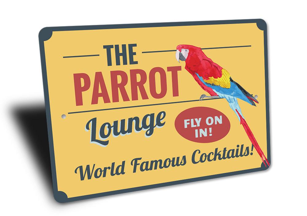 A colorful Parrot Lounge Sign made of high-quality aluminum, featuring vibrant parrot graphics and customizable text options.