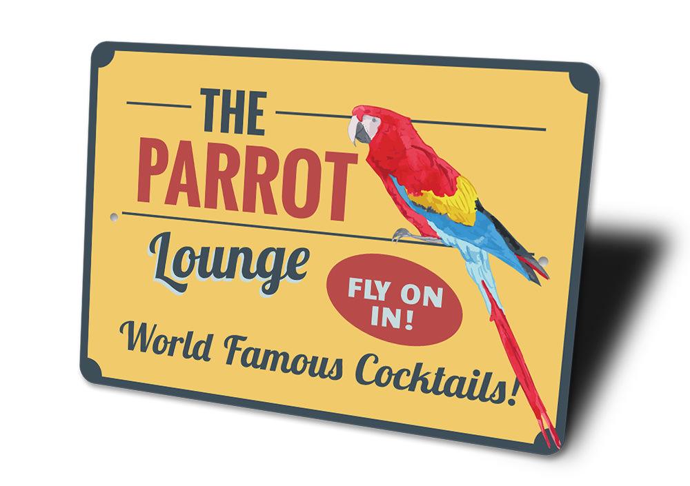 A colorful Parrot Lounge Sign made of high-quality aluminum, featuring vibrant parrot graphics and customizable text options.