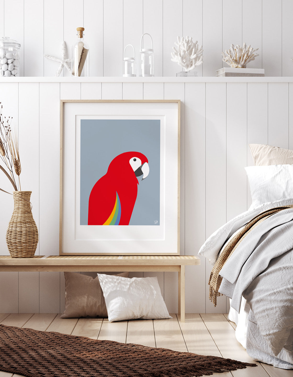 A vibrant Red Macaw art print showcasing a tropical bird in bold colors.