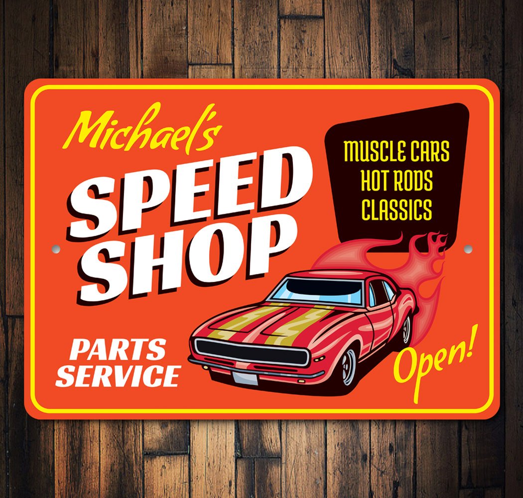 Custom Parts and Service Speed Shop Sign made of high-quality aluminum, featuring customizable text and pre-drilled holes for easy mounting.