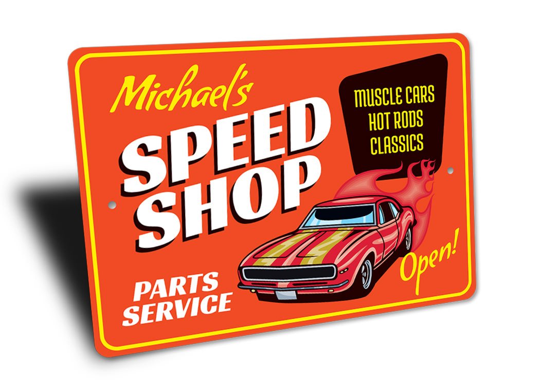 Custom Parts and Service Speed Shop Sign made of high-quality aluminum, featuring customizable text and pre-drilled holes for easy mounting.