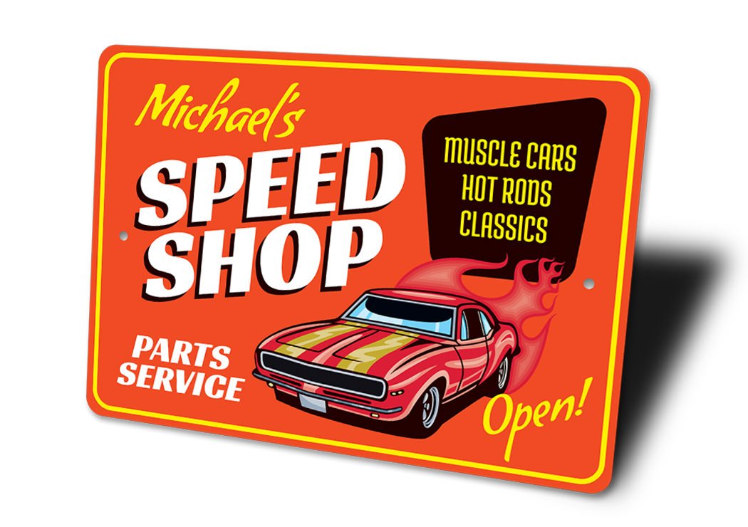 Custom Parts and Service Speed Shop Sign made of high-quality aluminum, featuring customizable text and pre-drilled holes for easy mounting.