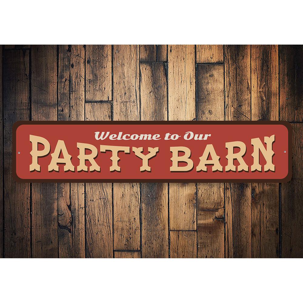 Customizable Party Barn Sign made of high-quality aluminum, featuring pre-drilled holes for easy mounting, perfect for barn decoration.