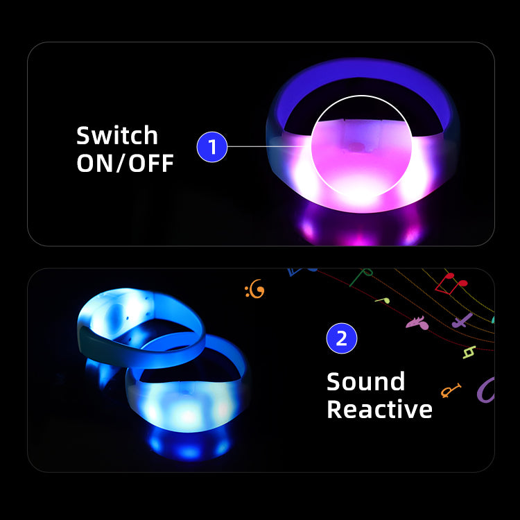 A vibrant collection of 200 voice-controlled LED wristbands in various colors, perfect for parties and events.