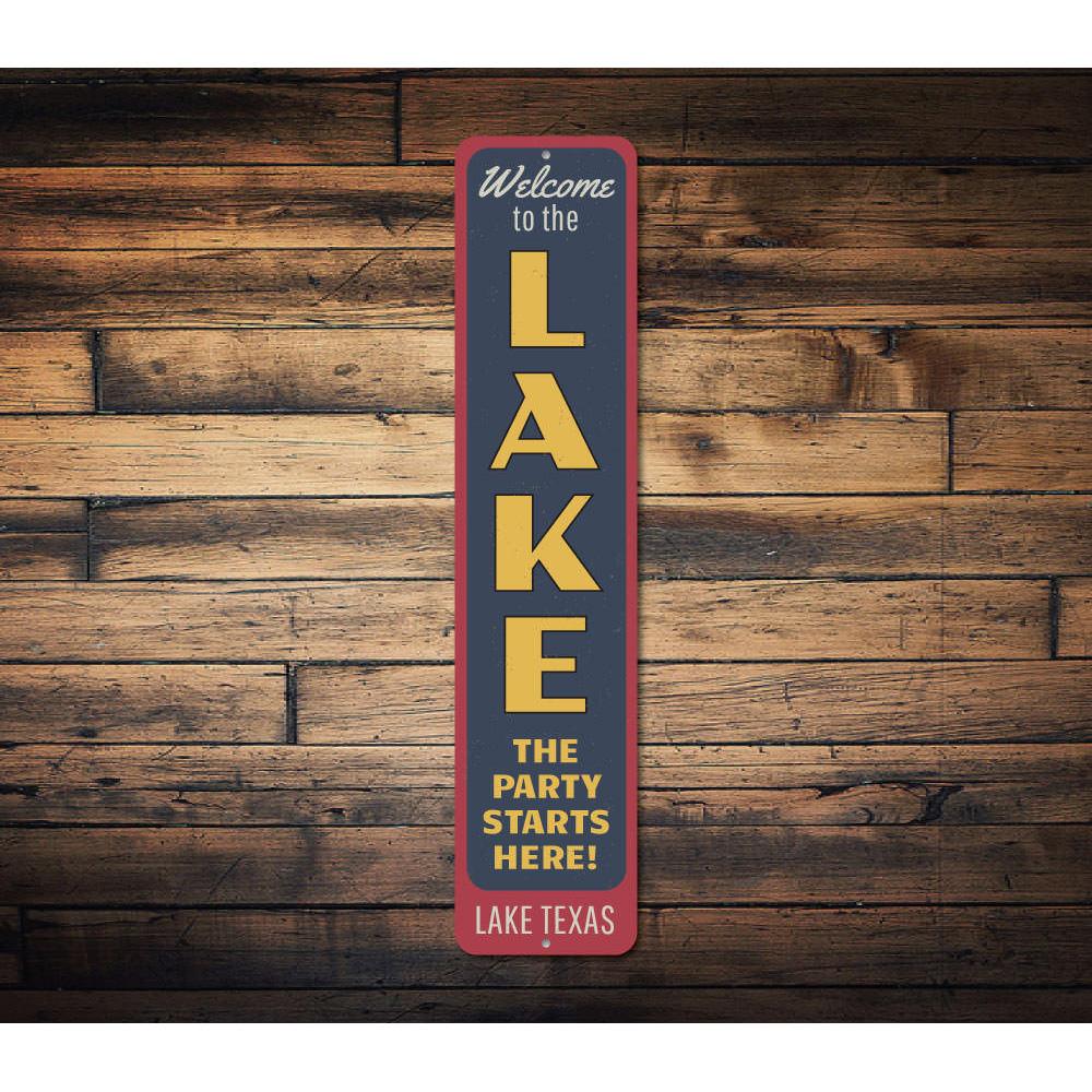 Customizable Party Starts Here Sign made of durable aluminum, perfect for lakehouse decor.