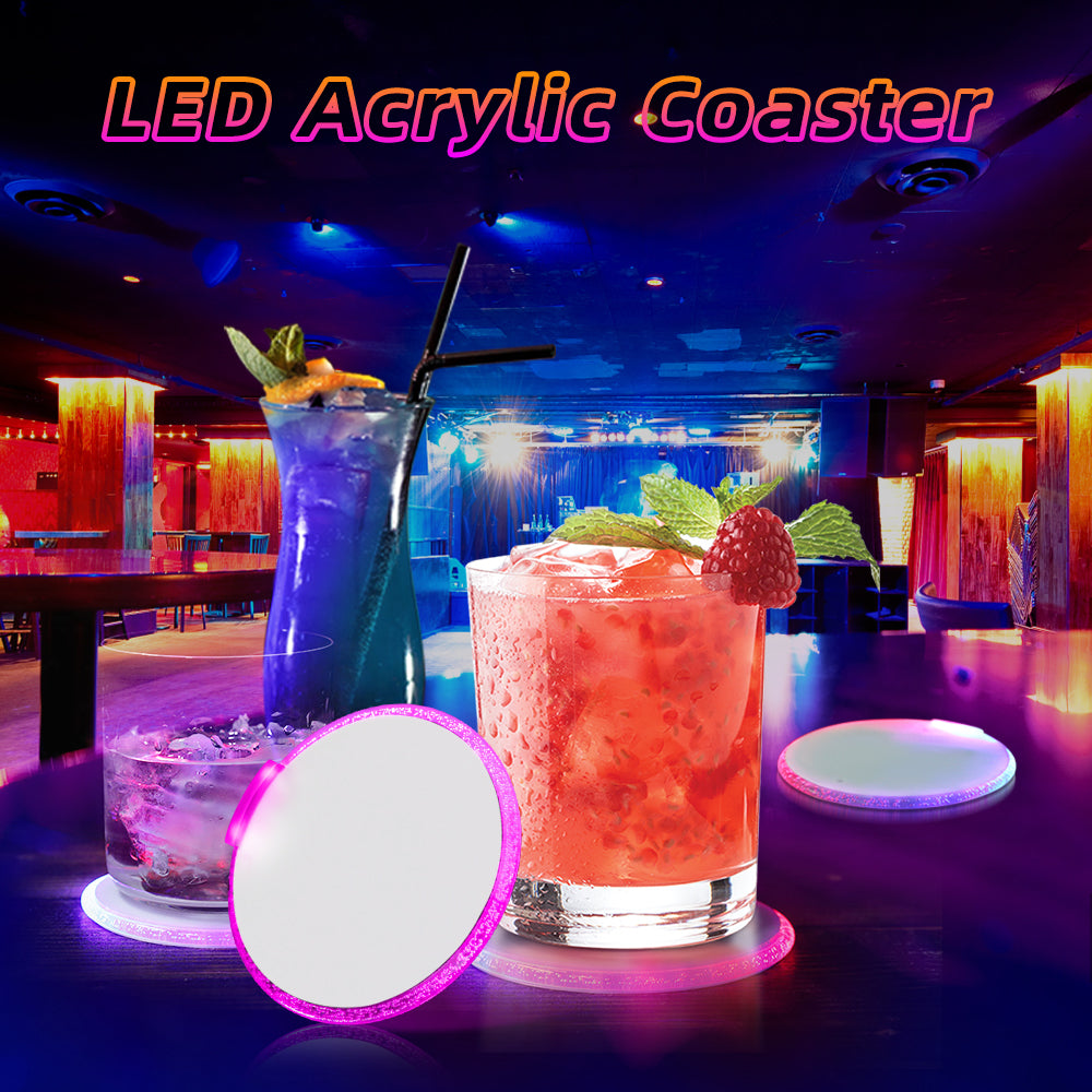 A vibrant display of 200 acrylic LED light coasters, showcasing their colorful illumination and sleek design, perfect for parties.