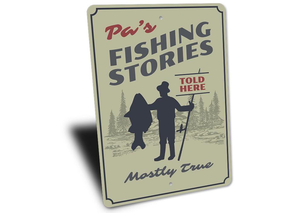 Pa's Fishing Stories Sign made of durable aluminum, featuring a fishing theme, perfect for lakehouse decor.