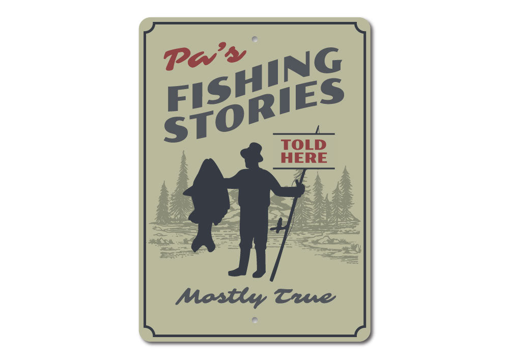 Pa's Fishing Stories Sign made of durable aluminum, featuring a fishing theme, perfect for lakehouse decor.