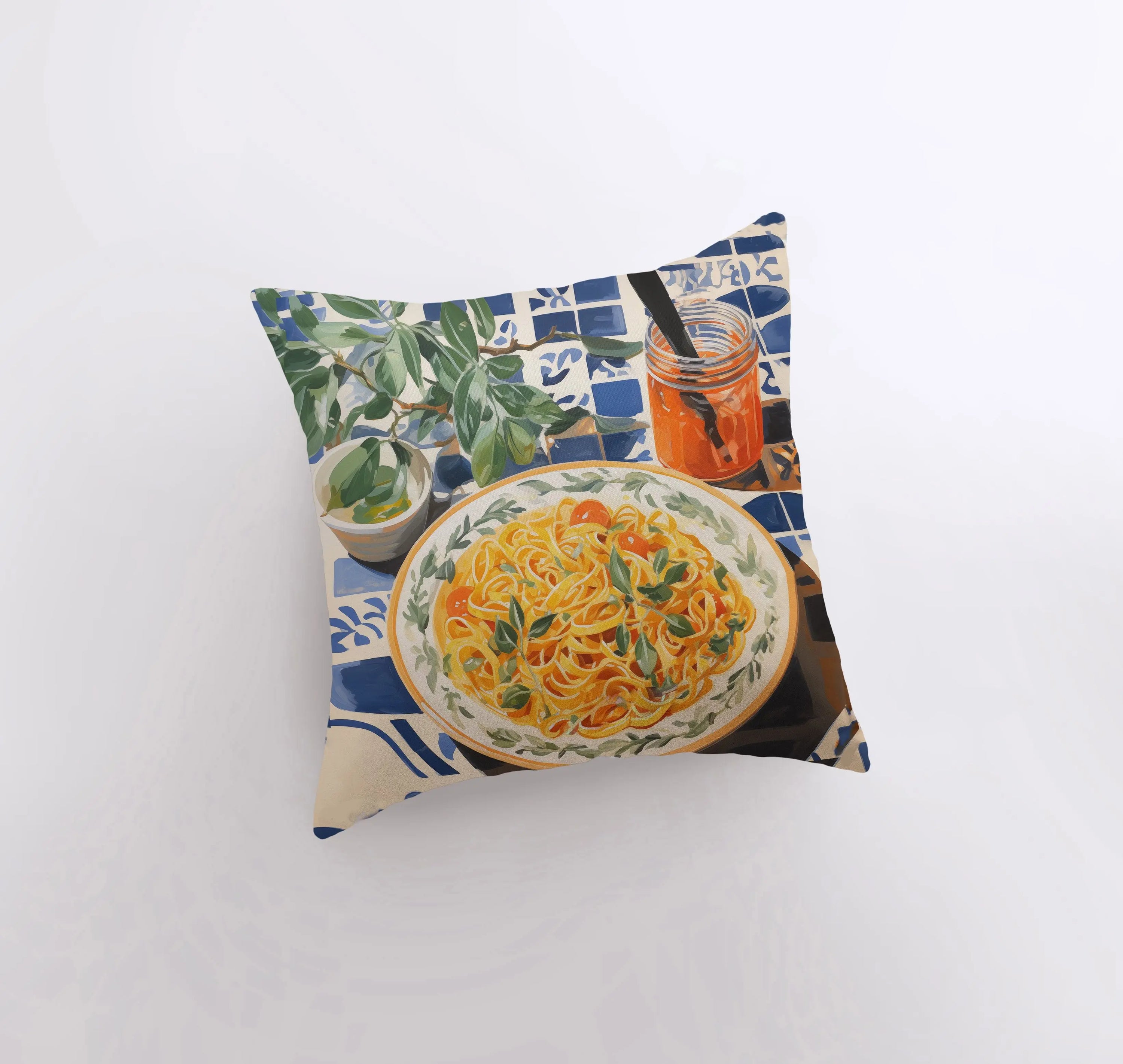 Pasta Picnic pillow featuring a vibrant gouache painting of a food scene, with a concealed zipper and a white back, available in various sizes.