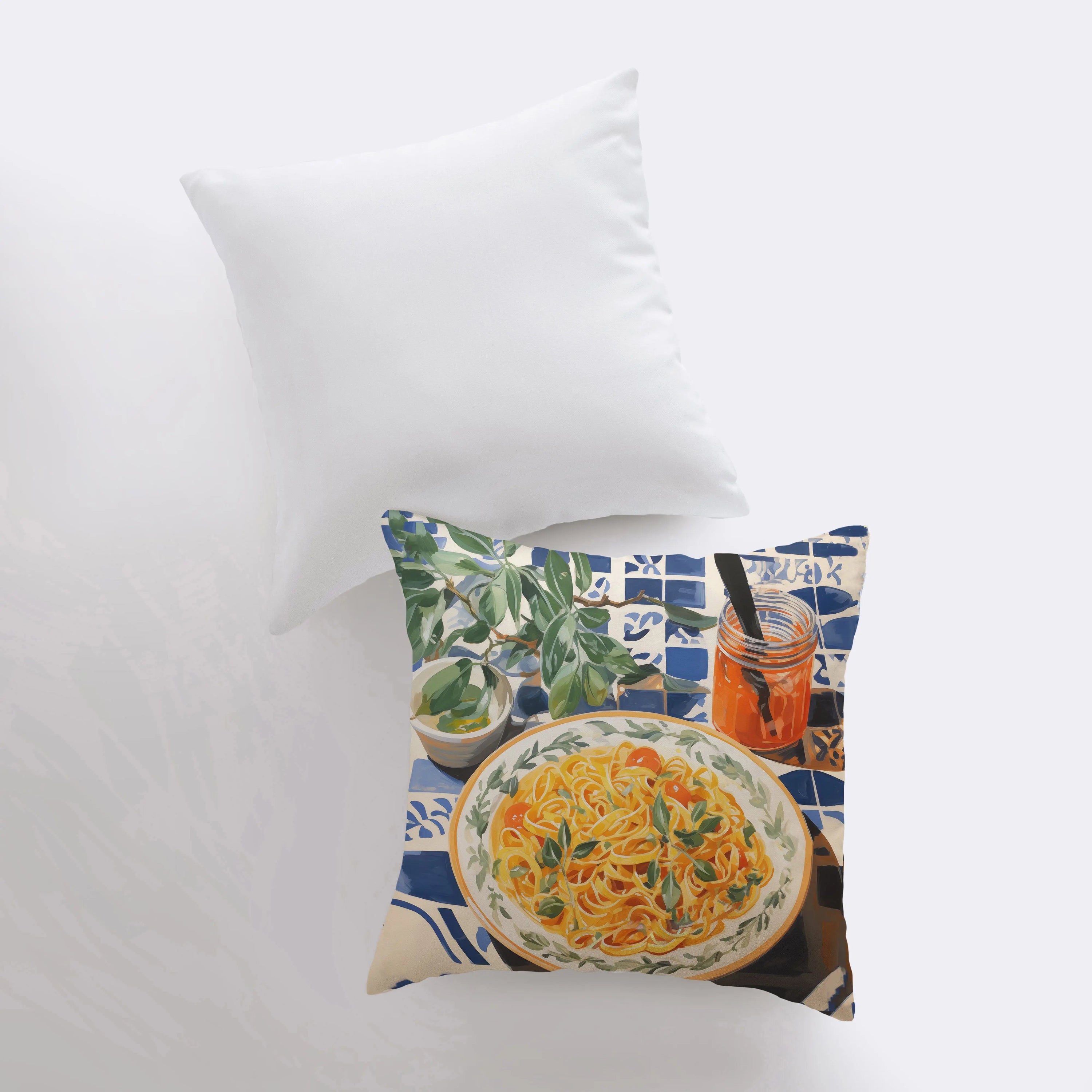 Pasta Picnic pillow featuring a vibrant gouache painting of a food scene, with a concealed zipper and a white back, available in various sizes.