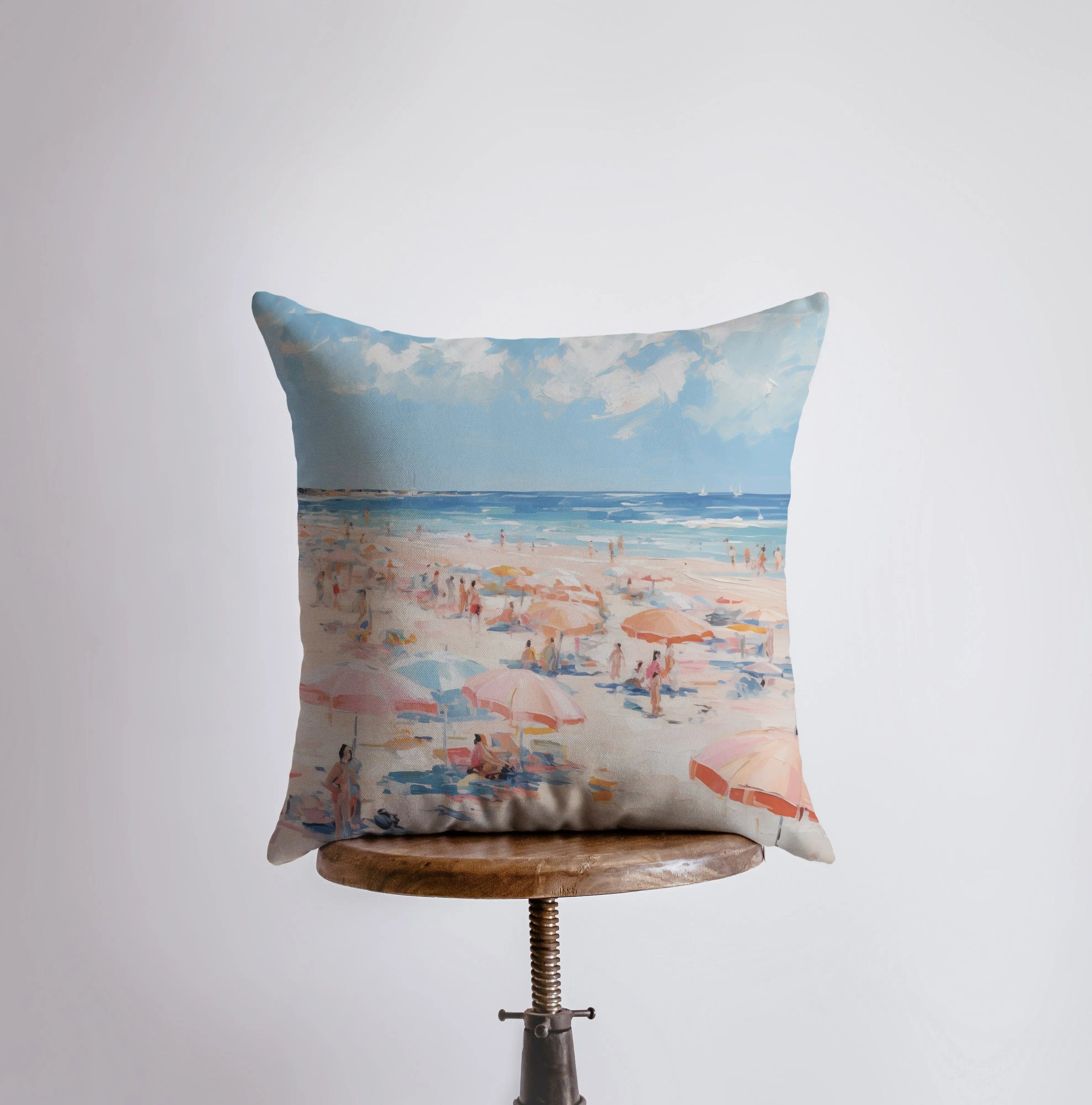 Pastel Beach Day throw pillow featuring a coastal design with a concealed zipper, available in various sizes.