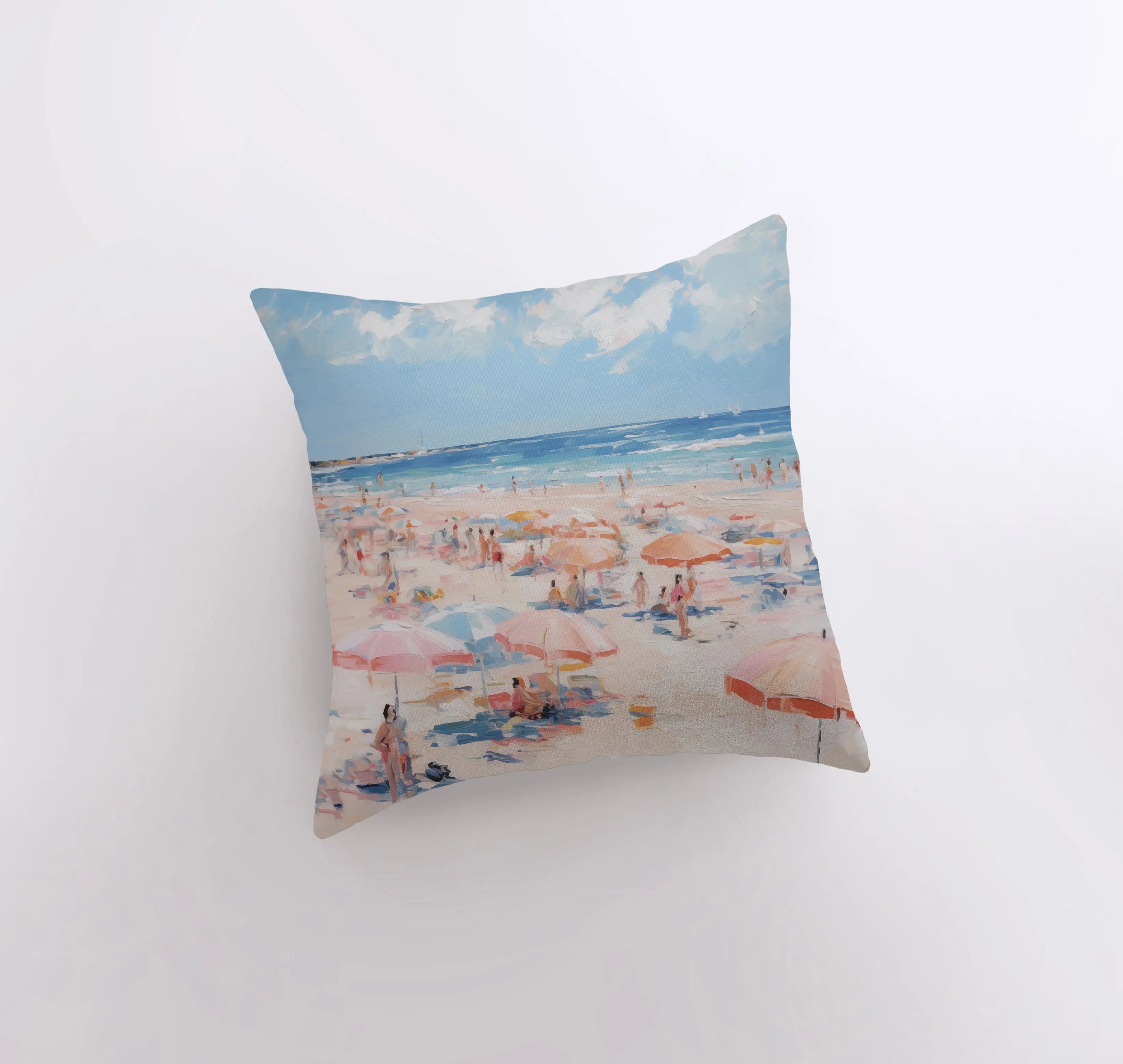 Pastel Beach Day throw pillow featuring a coastal design with a concealed zipper, available in various sizes.