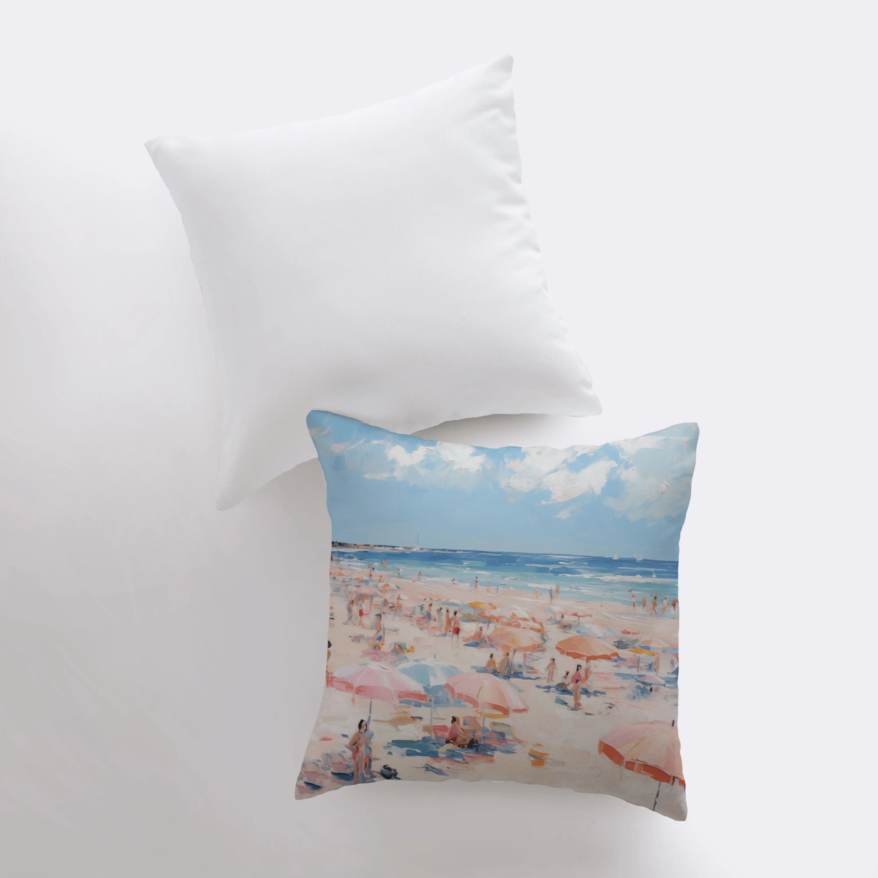 Pastel Beach Day throw pillow featuring a coastal design with a concealed zipper, available in various sizes.