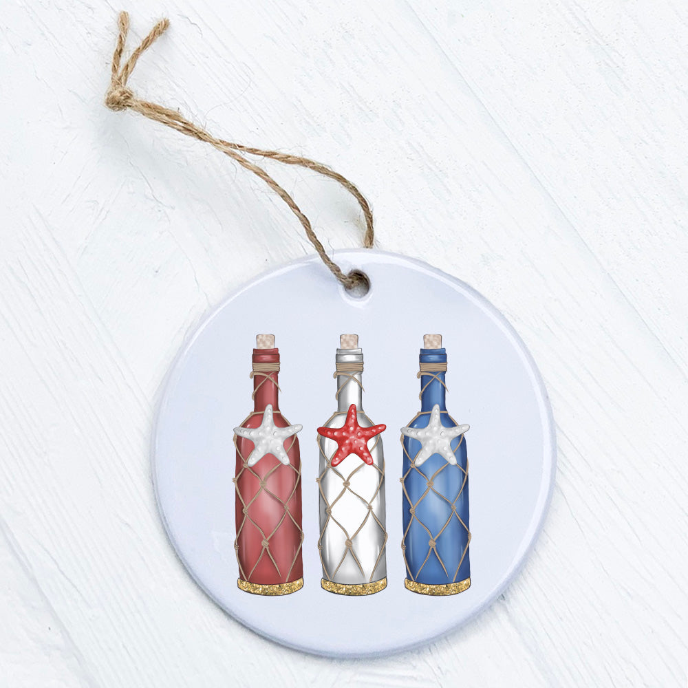 A beautifully crafted porcelain ornament featuring patriotic designs, perfect for gifting or decorating wine bottles.