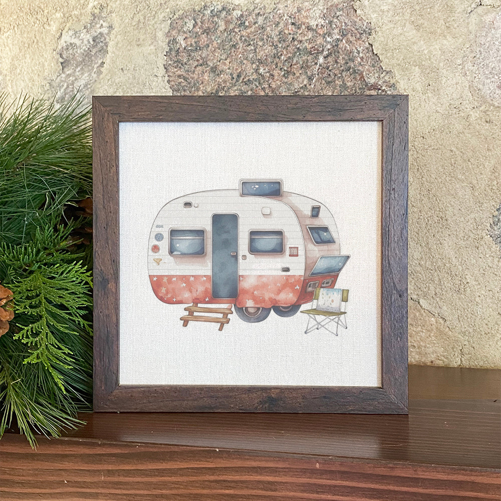 Patriotic Camper Framed Sign with wood frame and linen-look background, showcasing eco-friendly printing.