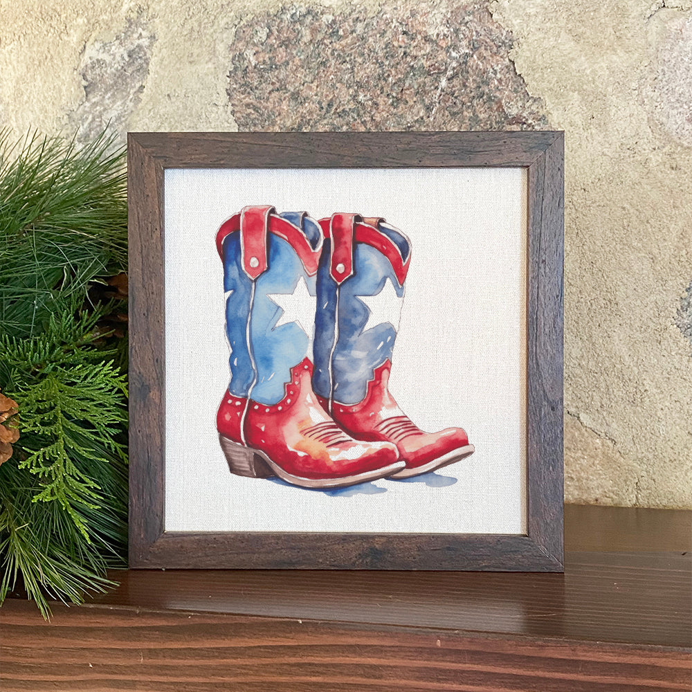 A beautifully framed sign featuring patriotic cowboy boots, designed with eco-friendly inks on a linen-look background.