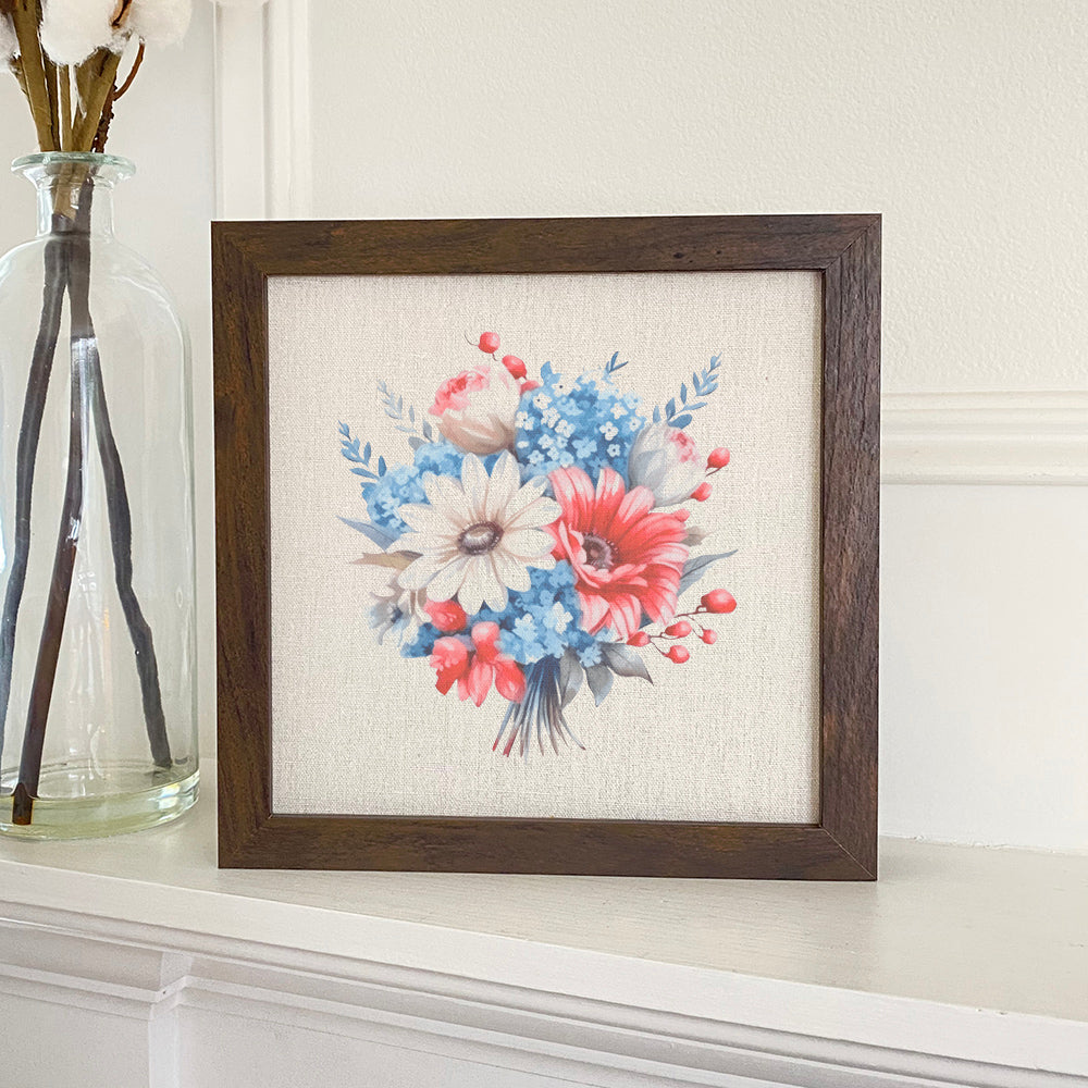 Patriotic Daisy Bouquet framed sign with a stylized wood frame, featuring eco-friendly ink printing on a linen-look background.