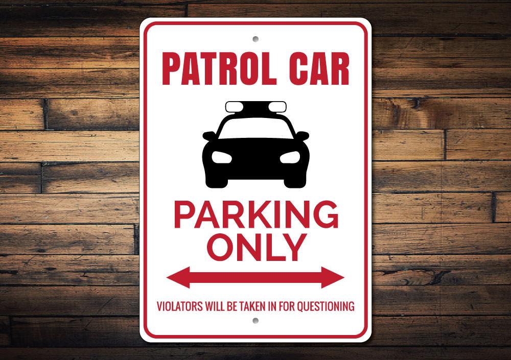 A durable Patrol Car Parking Sign made of aluminum, featuring customizable text and pre-drilled holes for easy mounting, suitable for various vehicles.