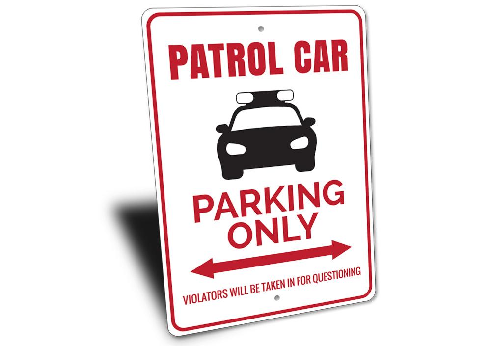 A durable Patrol Car Parking Sign made of aluminum, featuring customizable text and pre-drilled holes for easy mounting, suitable for various vehicles.