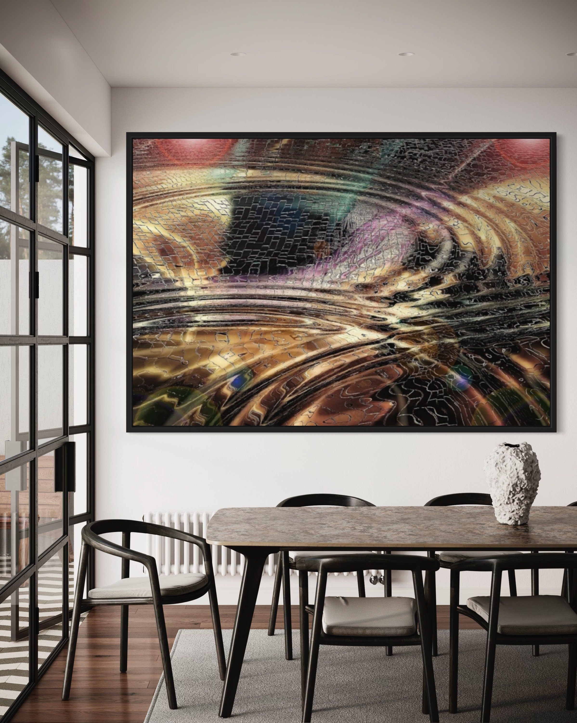 A beautiful digital print of water ripples on pavement, showcasing vibrant colors and fluid designs that create an immersive visual experience.