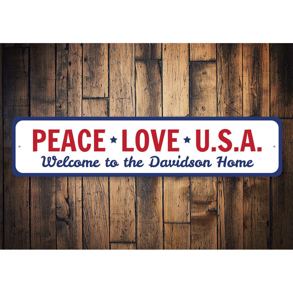 Peace Love USA Sign made of high-quality aluminum, featuring vibrant colors and a customizable design, perfect for home decor.