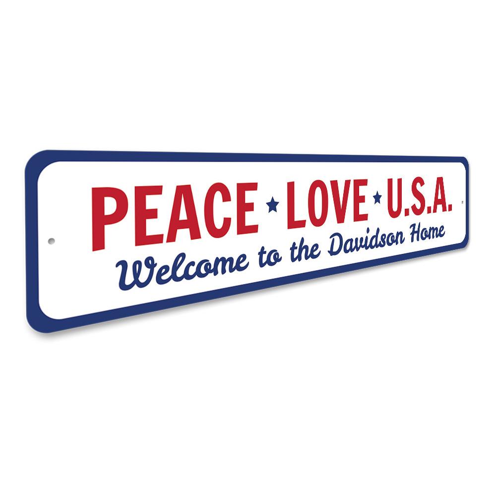 Peace Love USA Sign made of high-quality aluminum, featuring vibrant colors and a customizable design, perfect for home decor.