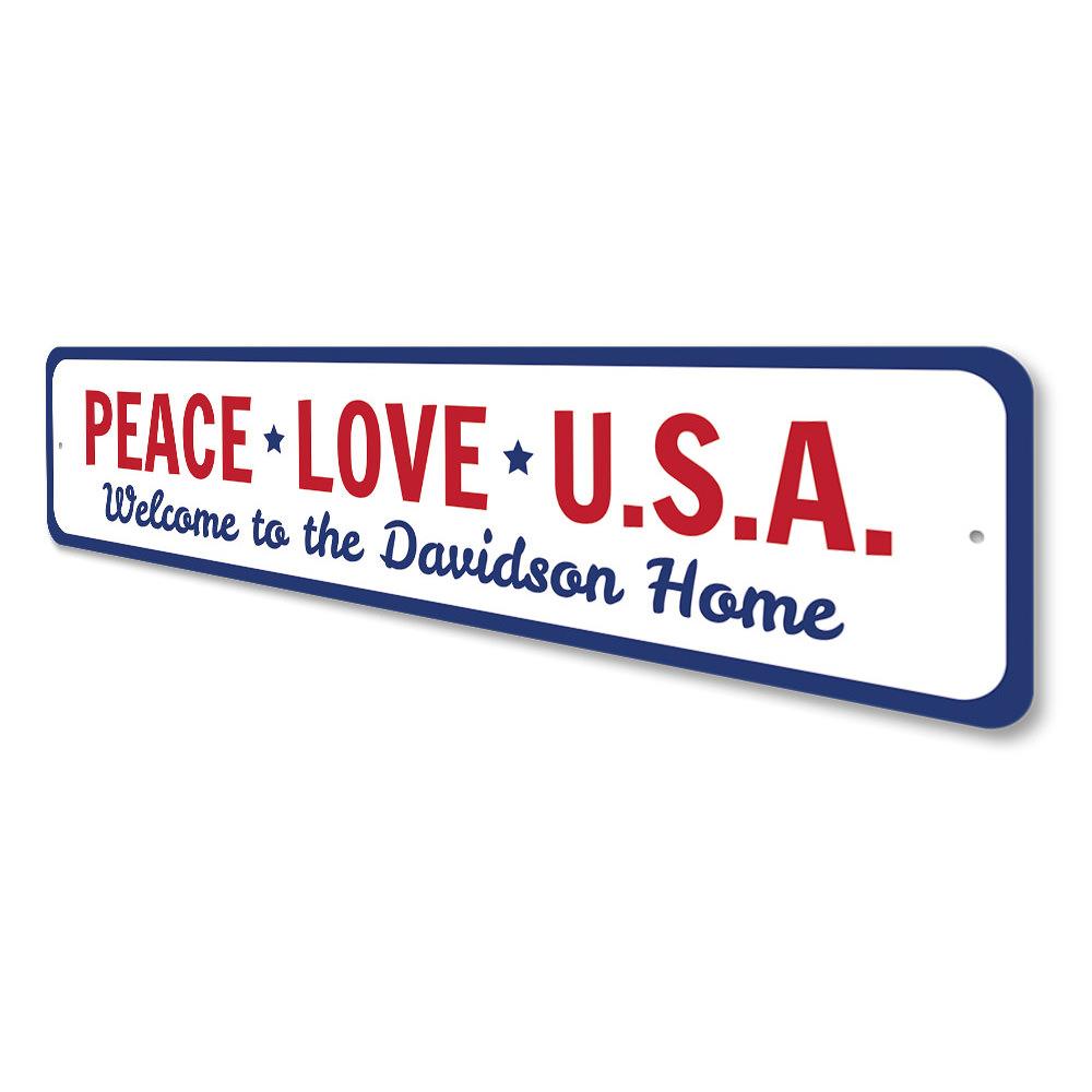 Peace Love USA Sign made of high-quality aluminum, featuring vibrant colors and a customizable design, perfect for home decor.