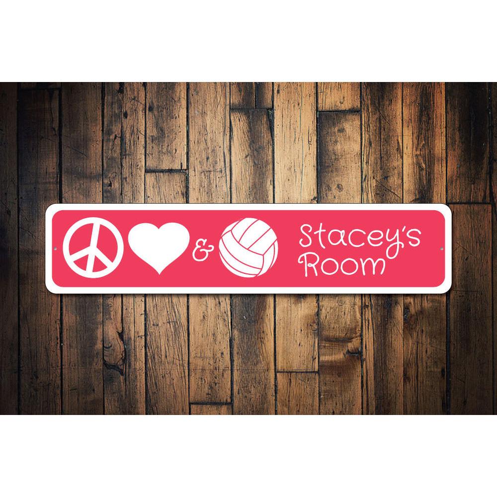 Colorful Peace Love Volleyball Sign made of durable aluminum, featuring a vibrant design perfect for kids' rooms.