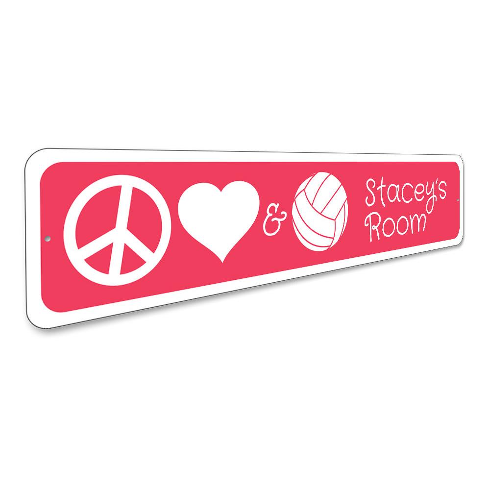 Colorful Peace Love Volleyball Sign made of durable aluminum, featuring a vibrant design perfect for kids' rooms.