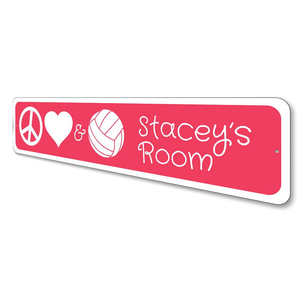 Colorful Peace Love Volleyball Sign made of durable aluminum, featuring a vibrant design perfect for kids' rooms.