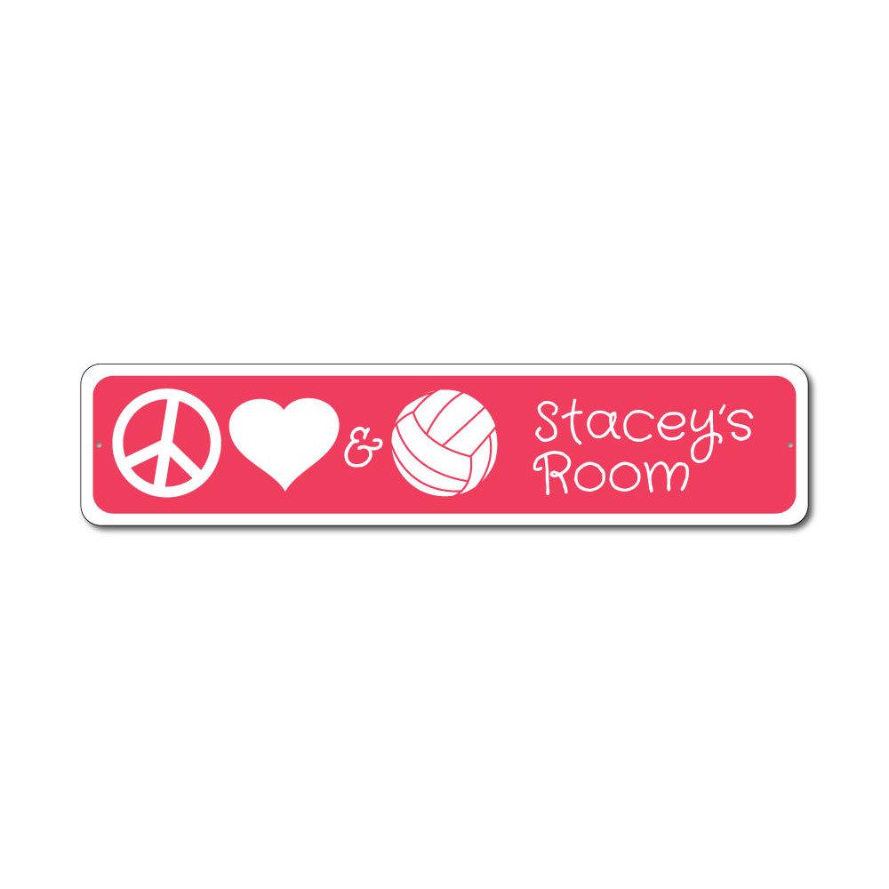 Colorful Peace Love Volleyball Sign made of durable aluminum, featuring a vibrant design perfect for kids' rooms.