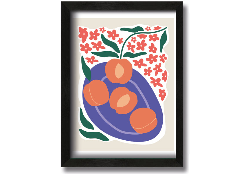 Framed print of peaches on a plate, showcasing vibrant colors and textures, ready to hang.