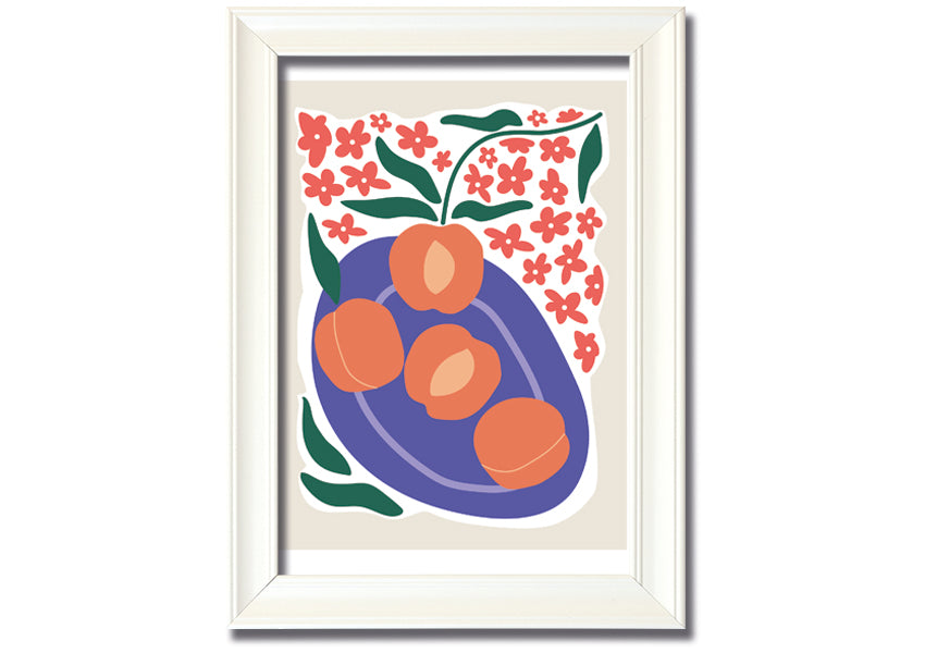 Framed print of peaches on a plate, showcasing vibrant colors and textures, ready to hang.