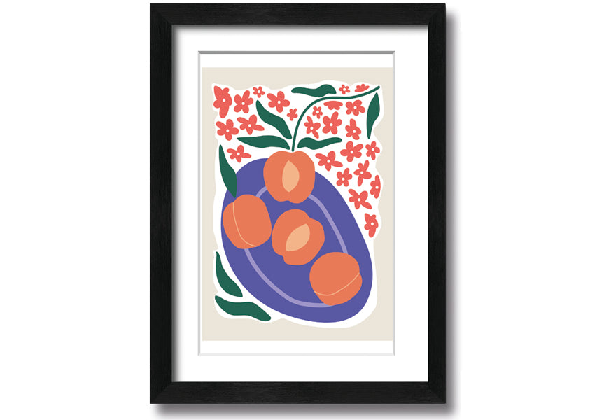 Framed print of peaches on a plate, showcasing vibrant colors and textures, ready to hang.