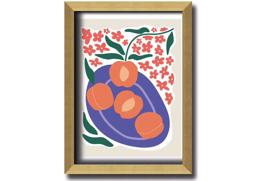 Framed print of peaches on a plate, showcasing vibrant colors and textures, ready to hang.