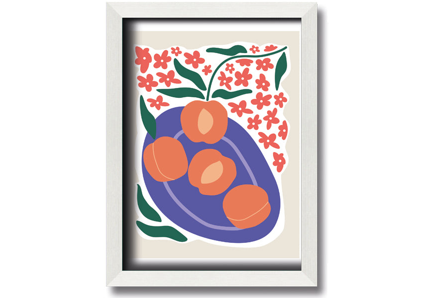 Framed print of peaches on a plate, showcasing vibrant colors and textures, ready to hang.