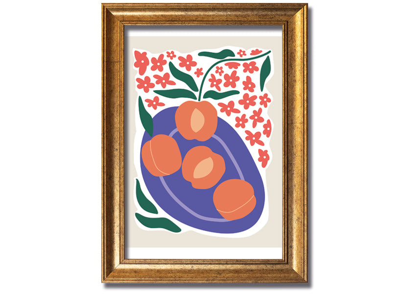 Framed print of peaches on a plate, showcasing vibrant colors and textures, ready to hang.